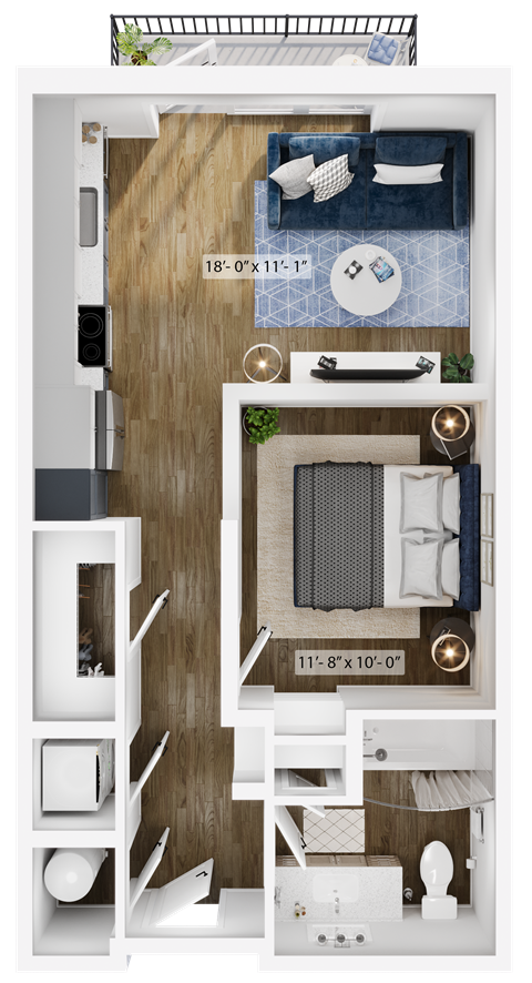 a floor plan of a small apartment with a bedroom and a bathroom